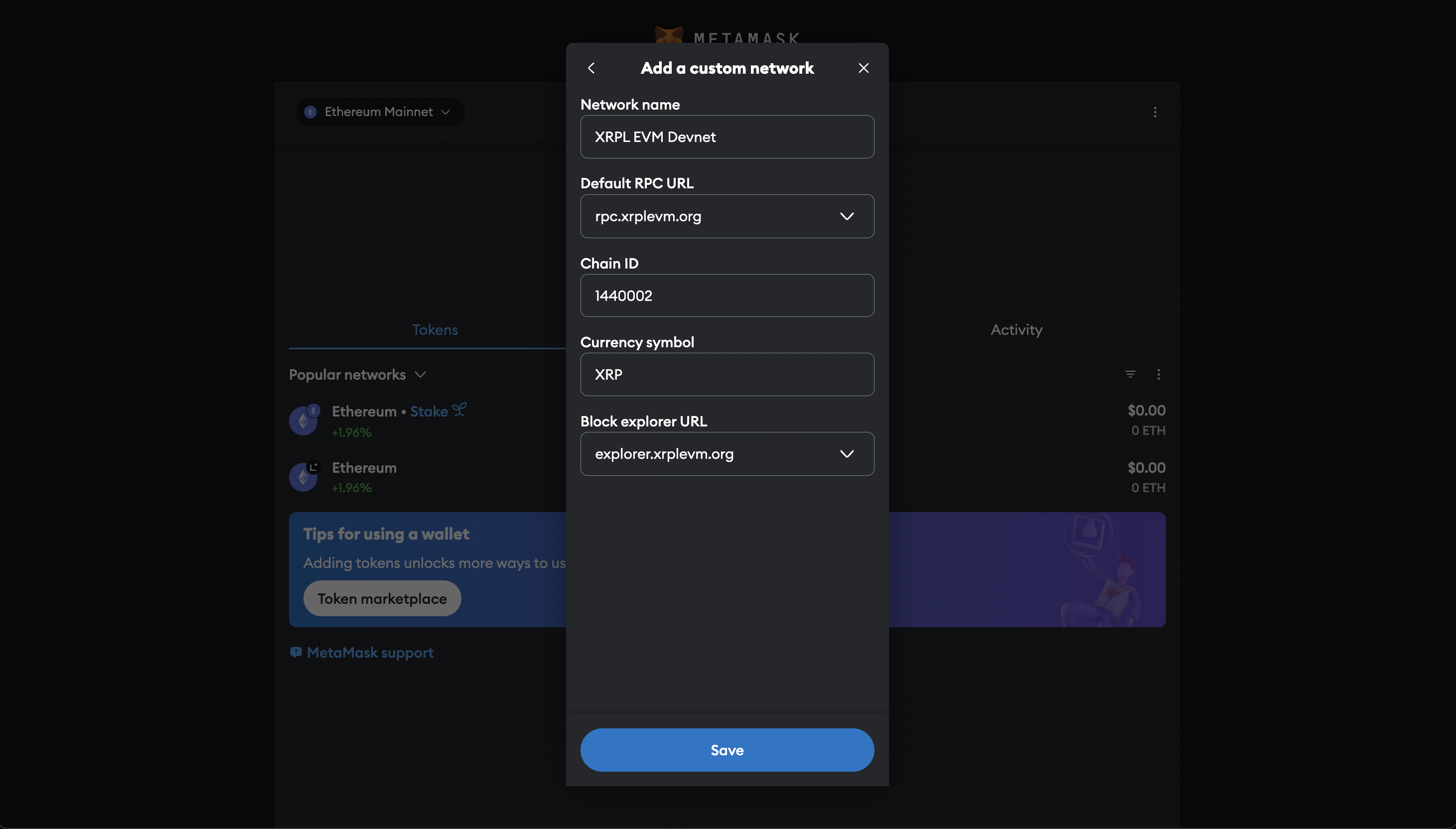 Add Network MetaMask Form